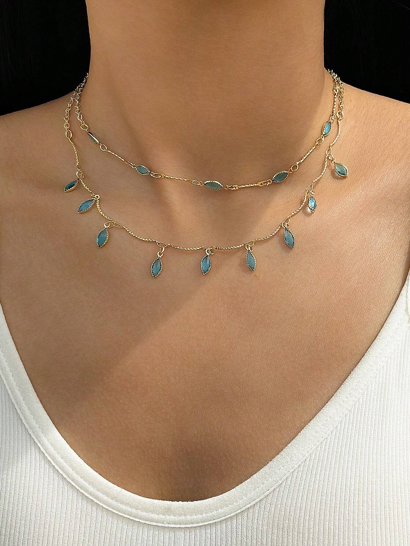 Lirja Jewels Multi layer Bohemian Green Drop Style Stone Pendant Necklace