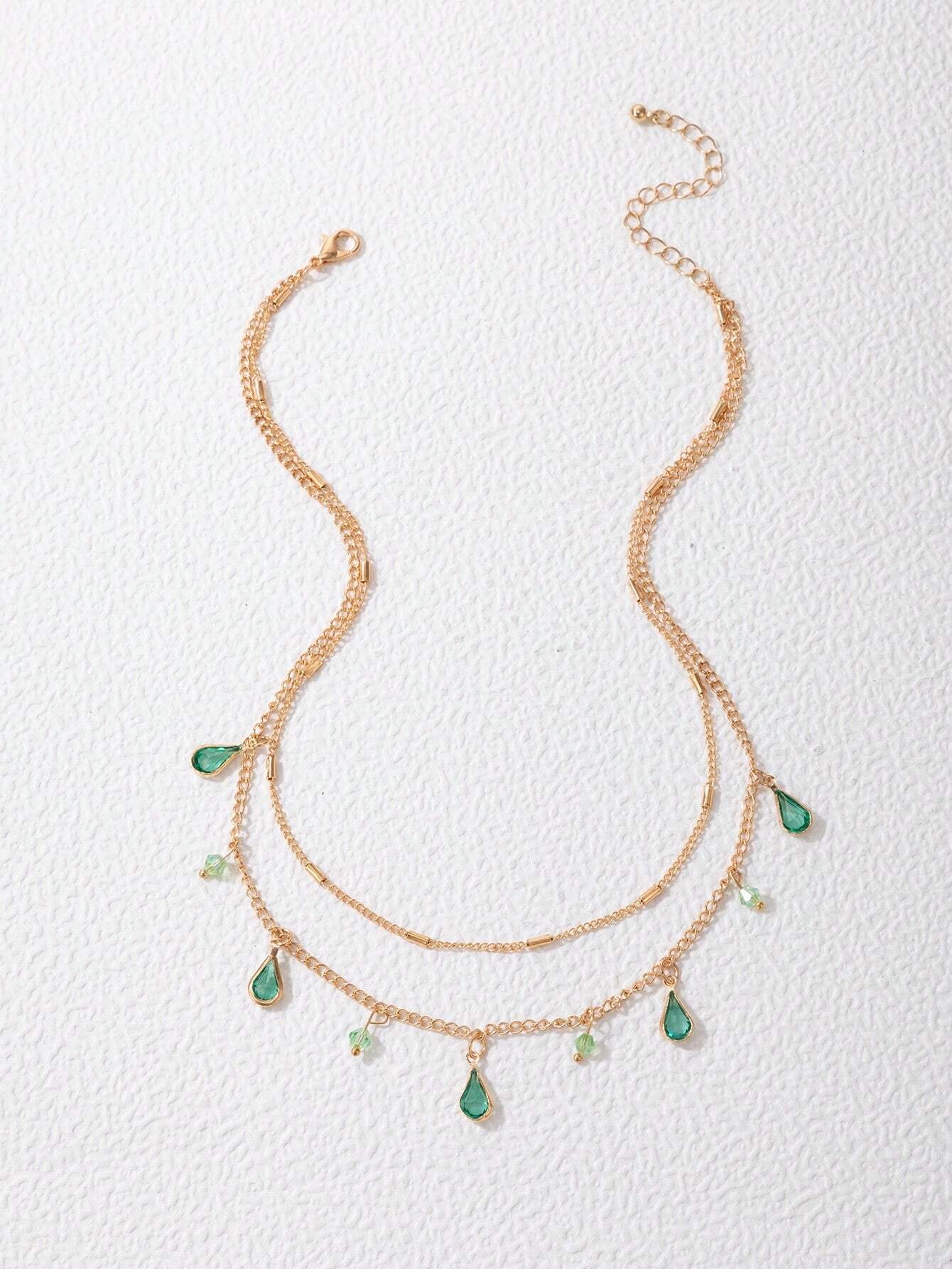 Lirja Jewels Multi layer Bohemian Green Drop Style Stone Pendant Necklace