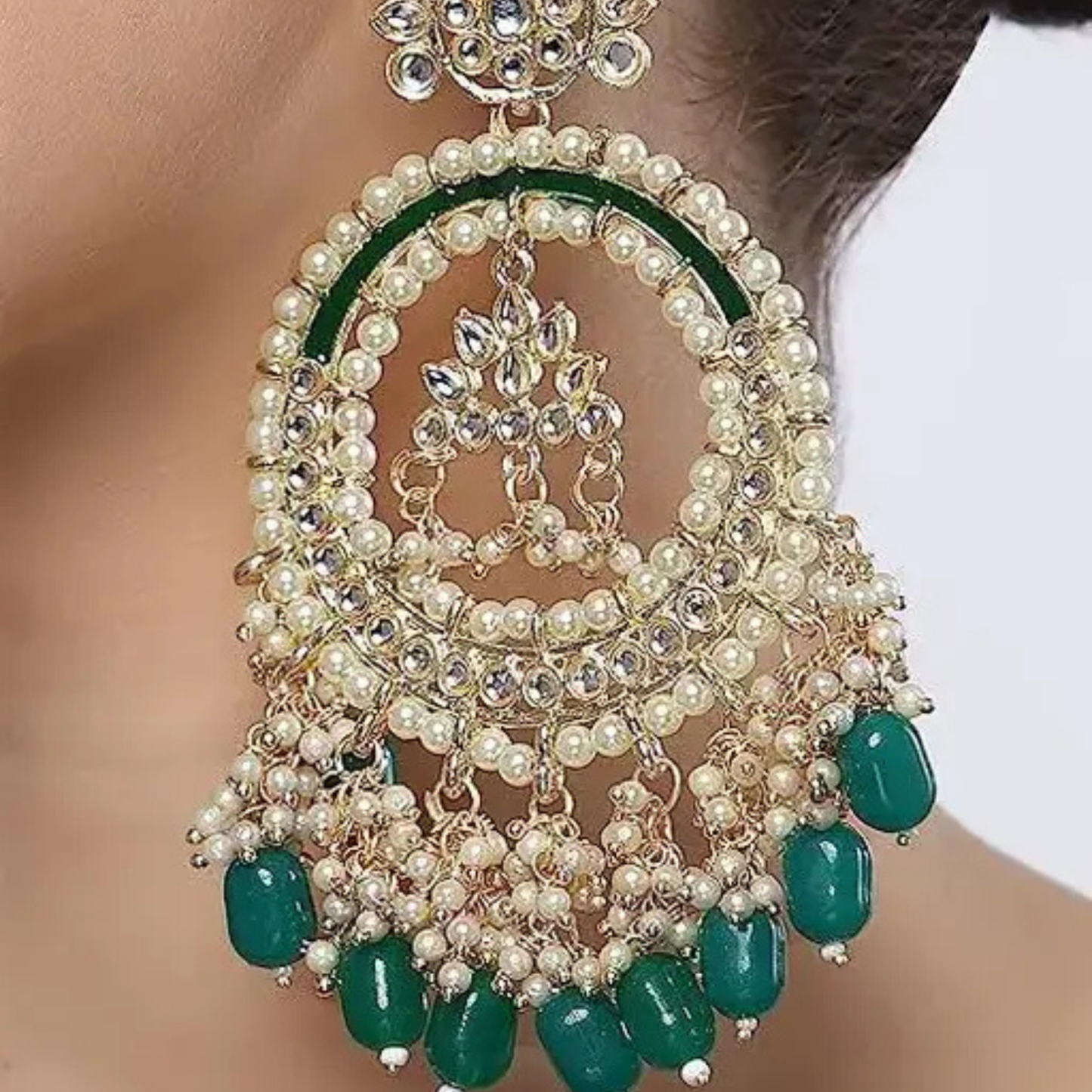 Lirja Latest Stylish Traditional Kundan Chandbali Earrings Green