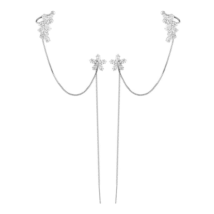 Lirja Korean Chain Tassel Threader Flower Ear Cuff Earrings 2Pcs/Set