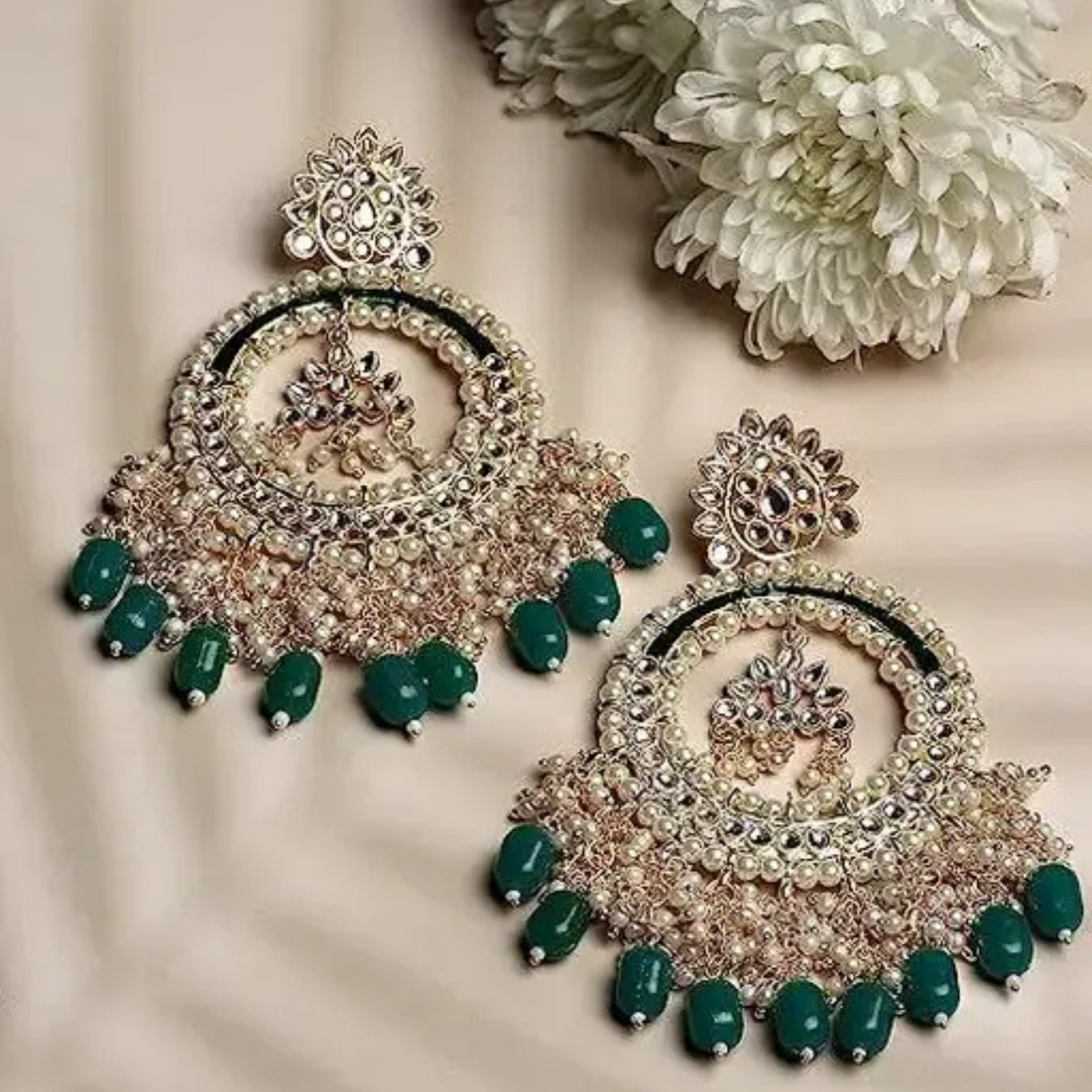 Lirja Latest Stylish Traditional Kundan Chandbali Earrings Green