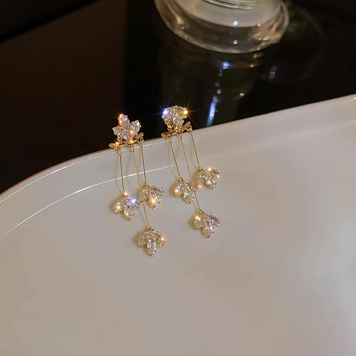 Lirja Korean Studded Leaves Tassels Shiny Drop Earrings