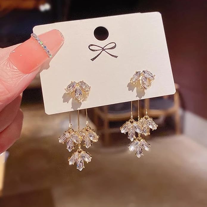 Lirja Korean Studded Leaves Tassels Shiny Drop Earrings