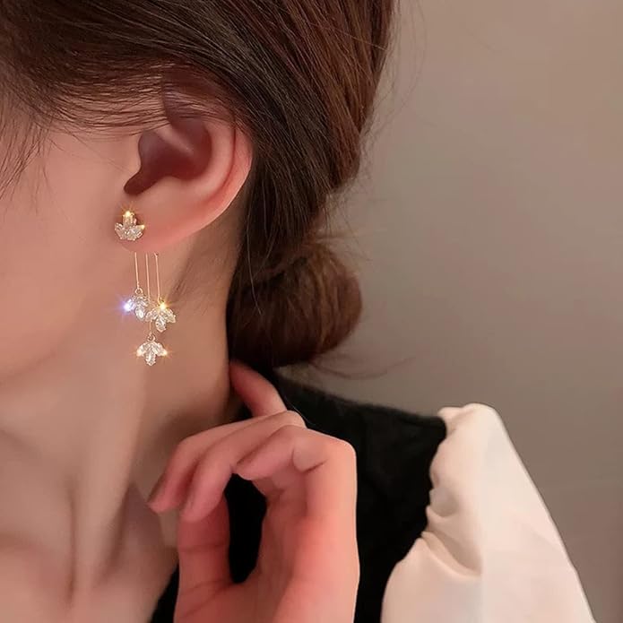 Lirja Korean Studded Leaves Tassels Shiny Drop Earrings
