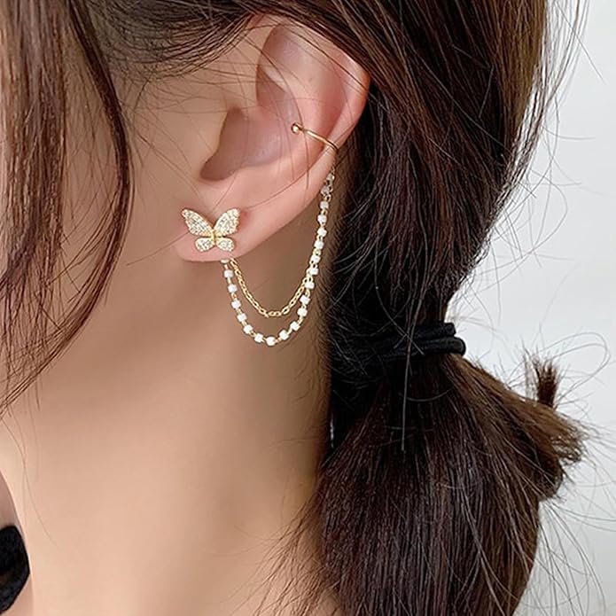 Korean Earrings For Girls & Women/Gold Plated Butterfly Earrings/Pearl Alloy Drop Earring
