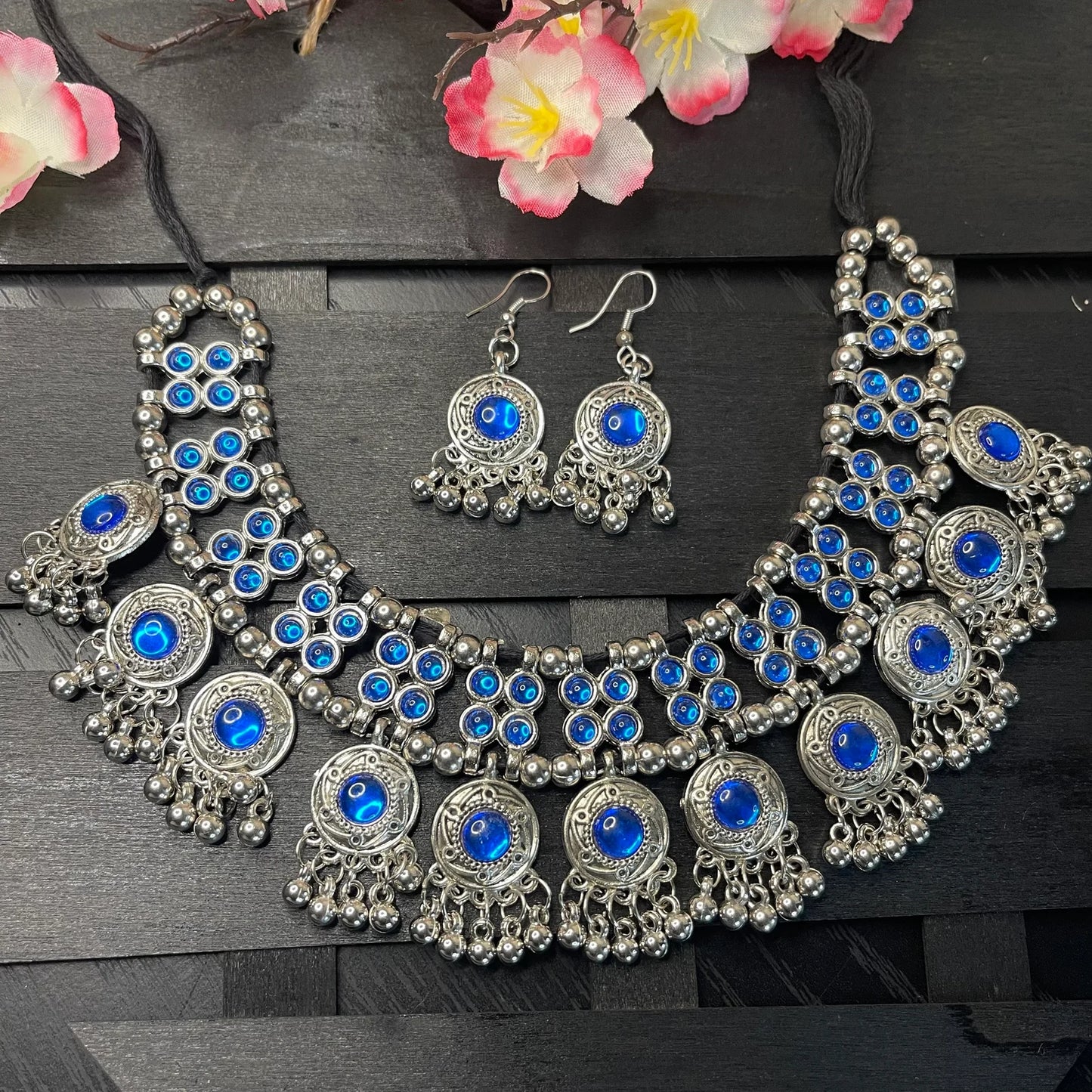 Silver Plated Fancy Blue Stone Choker Necklace Set