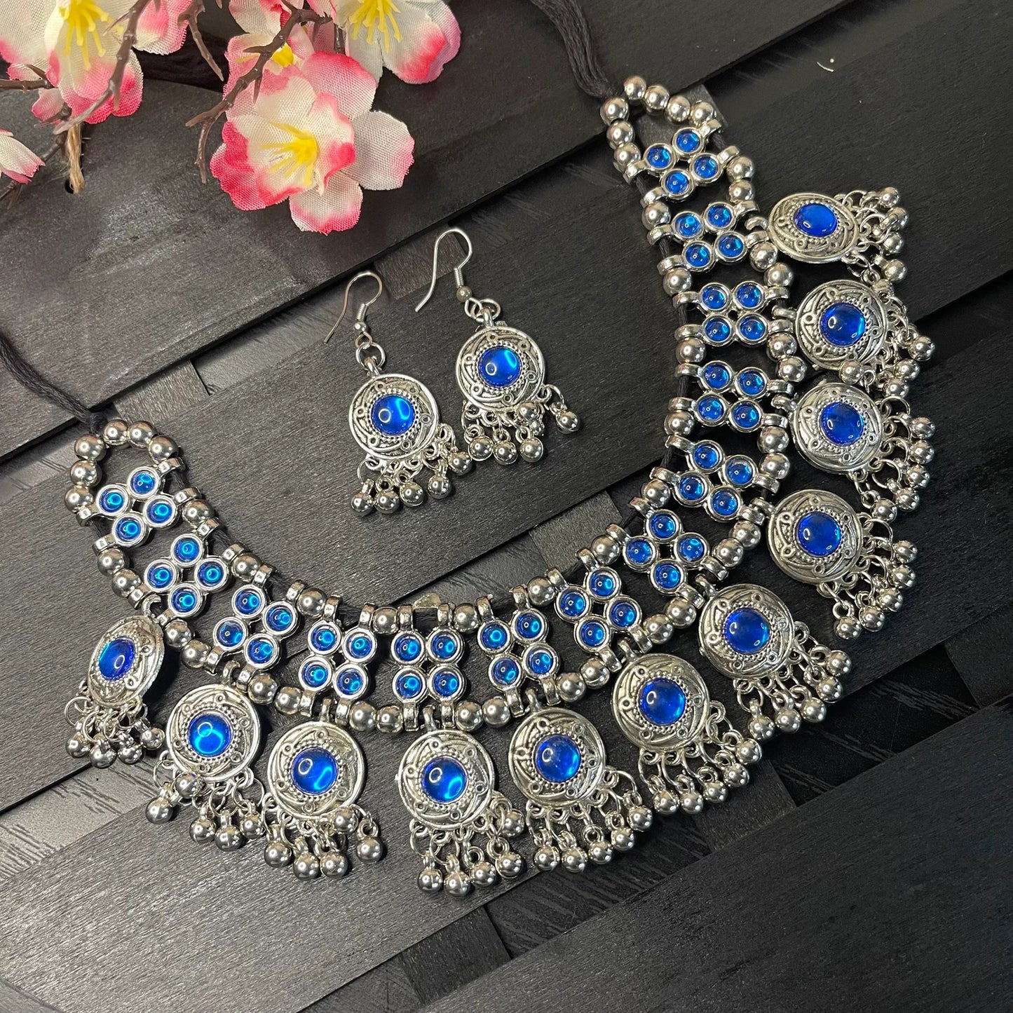 Silver Plated Fancy Blue Stone Choker Necklace Set