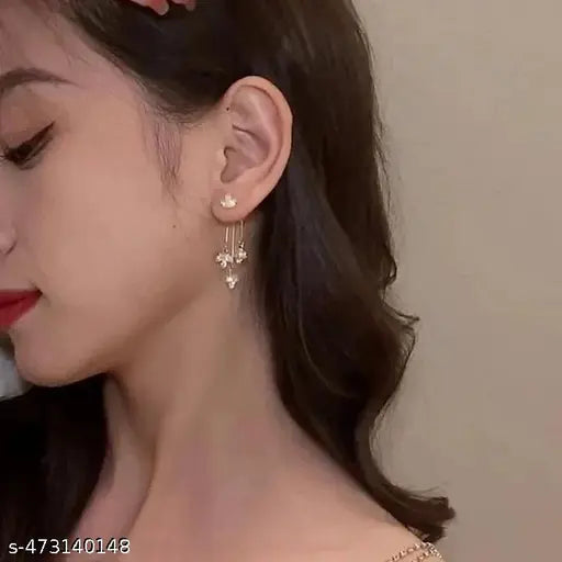 Lirja Korean Studded Leaves Tassels Shiny Drop Earrings