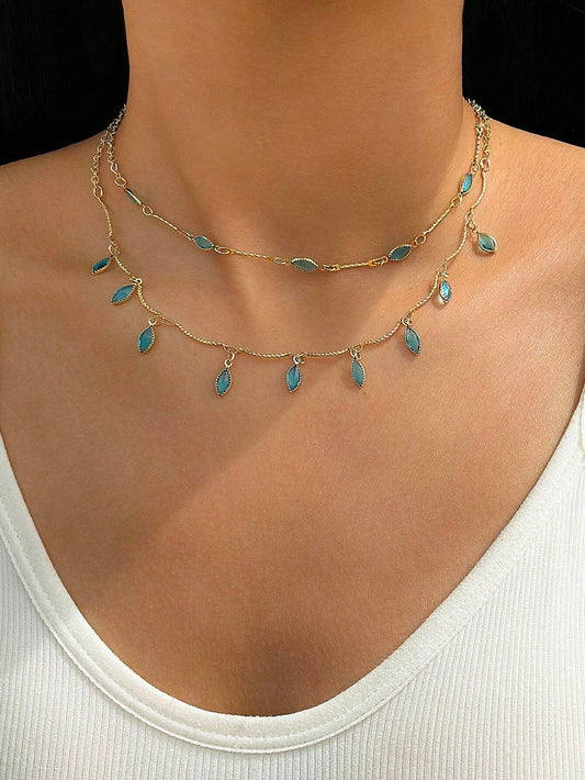 Lirja Jewels Multi layer Bohemian Green Drop Style Stone Pendant Necklace