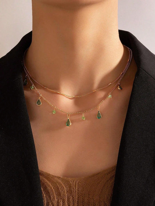 Lirja Jewels Multi layer Bohemian Green Drop Style Stone Pendant Necklace