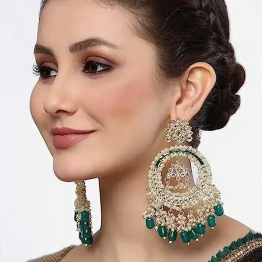 Lirja Latest Stylish Traditional Kundan Chandbali Earrings Green