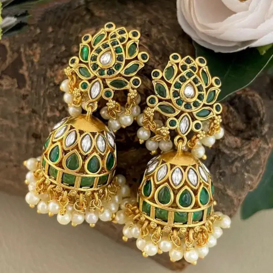 Lirja Premium Quality Matte Finish Kemp Stone Pearl Jhumka Green