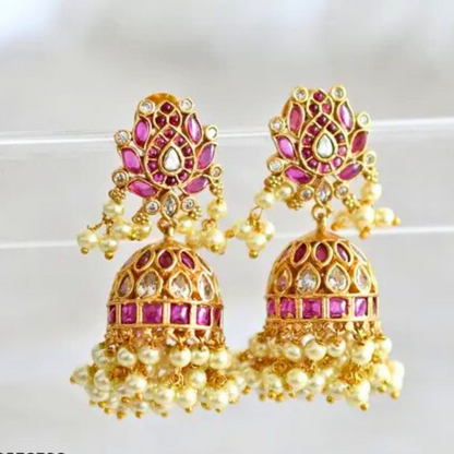 Lirja Premium Quality Matte Finish Kemp Stone Pearl Jhumka