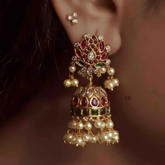 Lirja Premium Quality Matte Finish Kemp Stone Pearl Jhumka