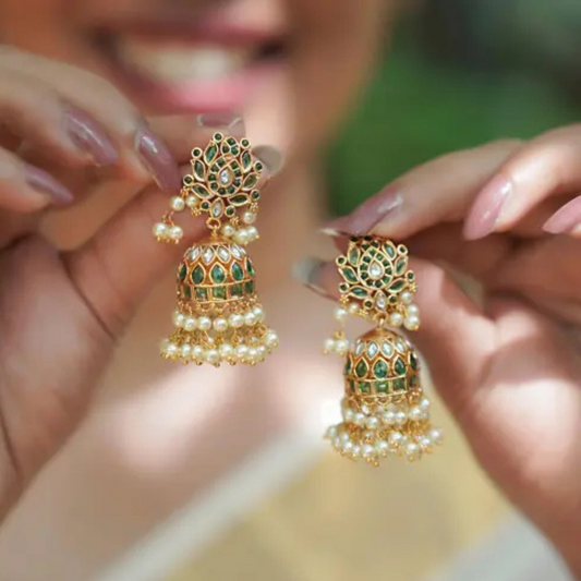 Lirja Premium Quality Matte Finish Kemp Stone Pearl Jhumka Green