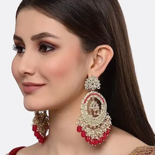 Lirja Latest Stylish Traditional Kundan Chandbali Earrings Red