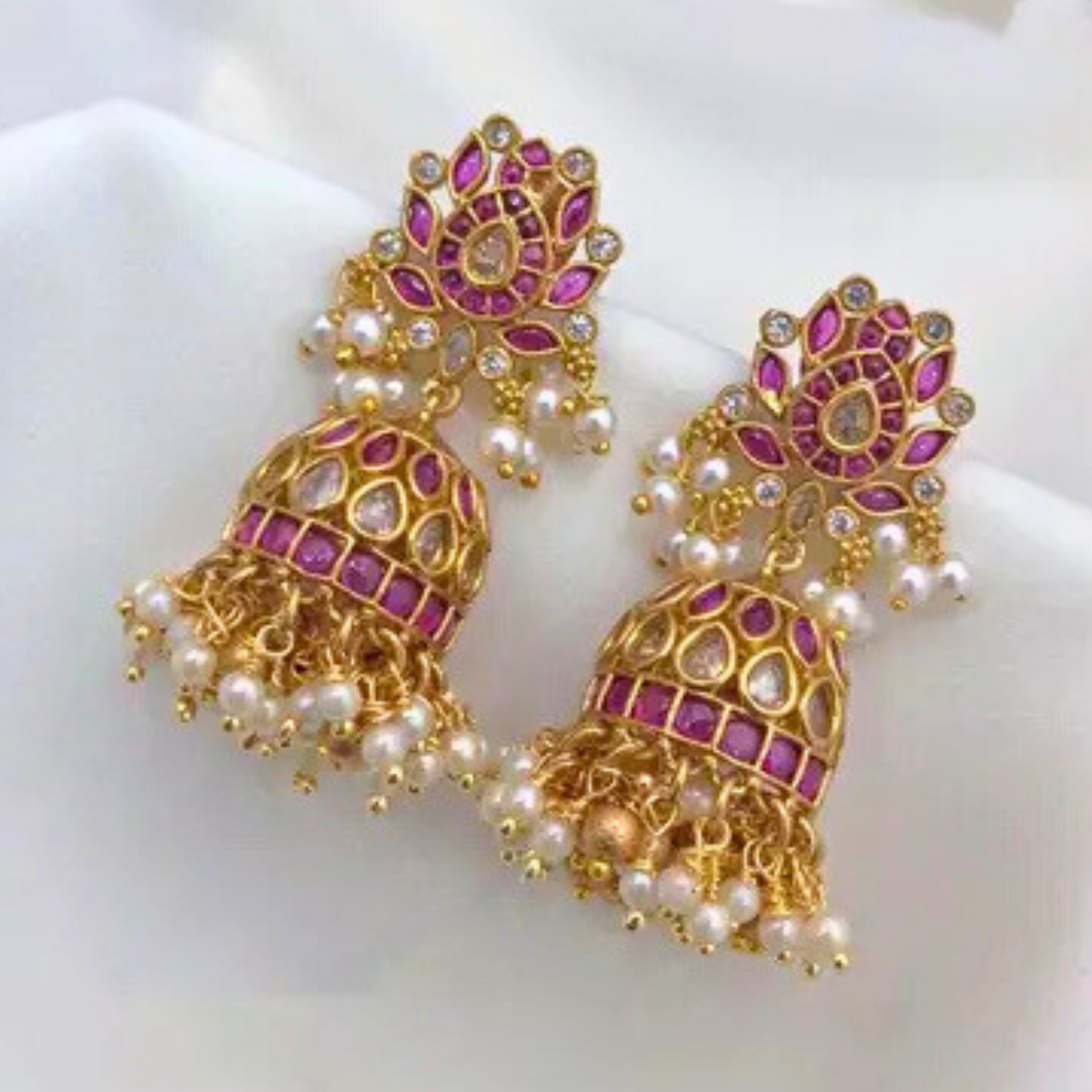 Lirja Premium Quality Matte Finish Kemp Stone Pearl Jhumka