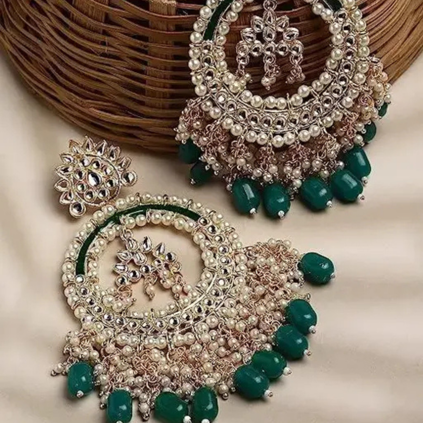 Lirja Latest Stylish Traditional Kundan Chandbali Earrings Green