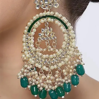 Lirja Latest Stylish Traditional Kundan Chandbali Earrings Green