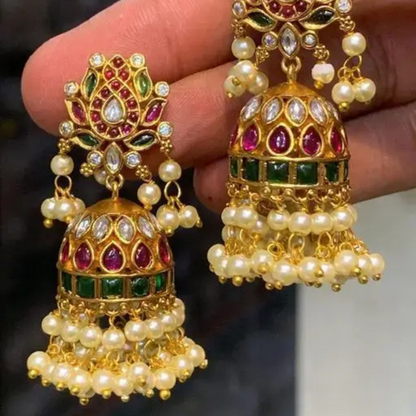 Lirja Premium Quality Matte Finish Kemp Stone Pearl Jhumka