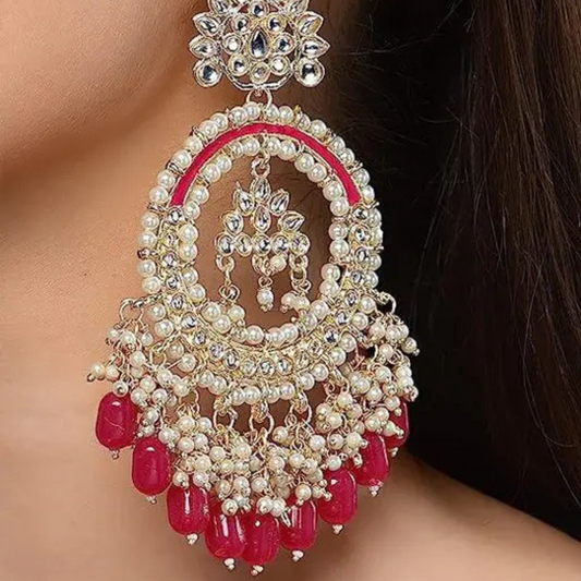 Lirja Latest Stylish Traditional Kundan Chandbali Earrings Red