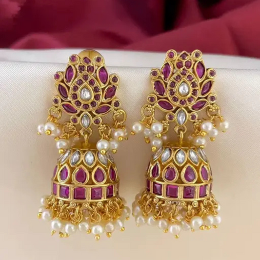Lirja Premium Quality Matte Finish Kemp Stone Pearl Jhumka