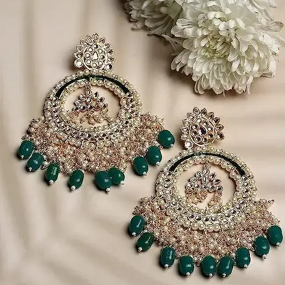 Lirja Latest Stylish Traditional Kundan Chandbali Earrings Green