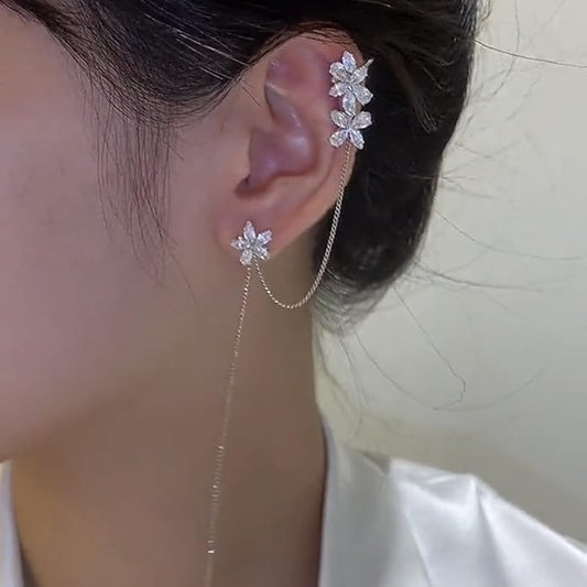 Lirja Korean Chain Tassel Threader Flower Ear Cuff Earrings 2Pcs/Set