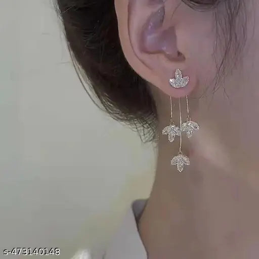 Lirja Korean Studded Leaves Tassels Shiny Drop Earrings