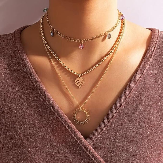 Lirja Jewels Gold Plated Multilayer Sun Choker Multicolor Stone Décor Necklace