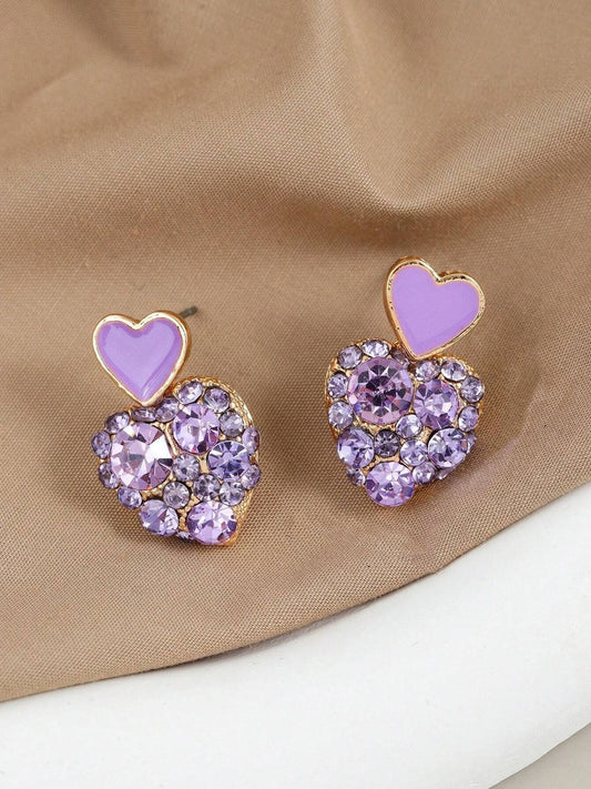 Love Heart Korean Gold Plated Cute Sweet Purple Heart Stud Earrings