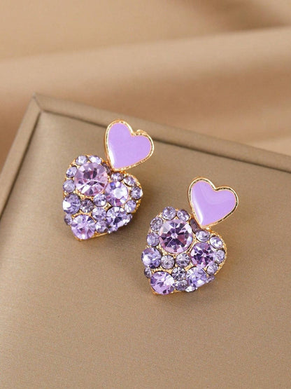 Love Heart Korean Gold Plated Cute Sweet Purple Heart Stud Earrings