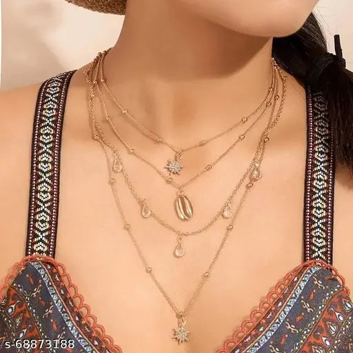 Lirja Gold Plated Fashion Popular Diamond Star Drop Alloy Shell Multi Layer Necklace For Women Girls