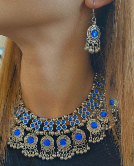 Silver Plated Fancy Blue Stone Choker Necklace Set