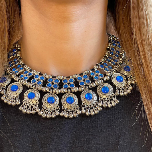 Silver Plated Fancy Blue Stone Choker Necklace Set