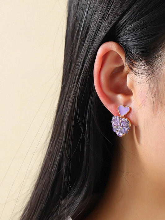 Love Heart Korean Gold Plated Cute Sweet Purple Heart Stud Earrings